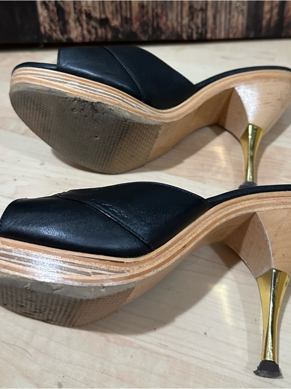 Re-Mix Hollywood Stilettos Black Leather Open-Toe Mule Heels - Picture 3 of 5